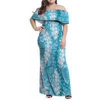 Blue Puakenikeni and Maile Lei Family Matching Off Shoulder Maxi Dress and Hawaiian Shirt Hawaiian Style Tribal Tapa Double Strand Lei LT9 Mom's Dress Blue - Polynesian Pride