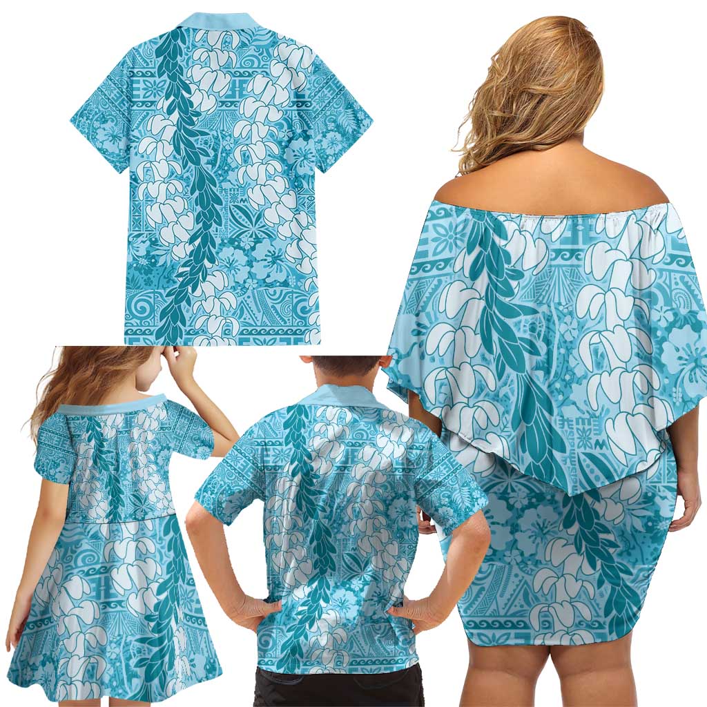 Blue Puakenikeni and Maile Lei Family Matching Off Shoulder Short Dress and Hawaiian Shirt Hawaiian Style Tribal Tapa Double Strand Lei LT9 - Polynesian Pride