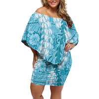 Blue Puakenikeni and Maile Lei Family Matching Off Shoulder Short Dress and Hawaiian Shirt Hawaiian Style Tribal Tapa Double Strand Lei LT9 Mom's Dress Blue - Polynesian Pride