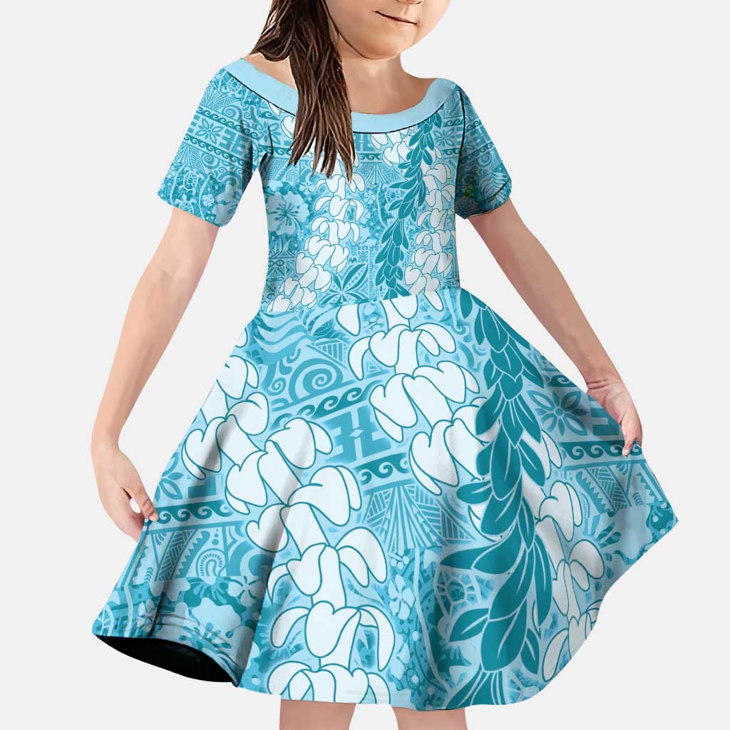 Blue Puakenikeni and Maile Lei Family Matching Puletasi and Hawaiian Shirt Hawaiian Style Tribal Tapa Double Strand Lei LT9 Daughter's Dress Blue - Polynesian Pride