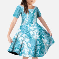 Blue Puakenikeni and Maile Lei Family Matching Puletasi and Hawaiian Shirt Hawaiian Style Tribal Tapa Double Strand Lei LT9 Daughter's Dress Blue - Polynesian Pride