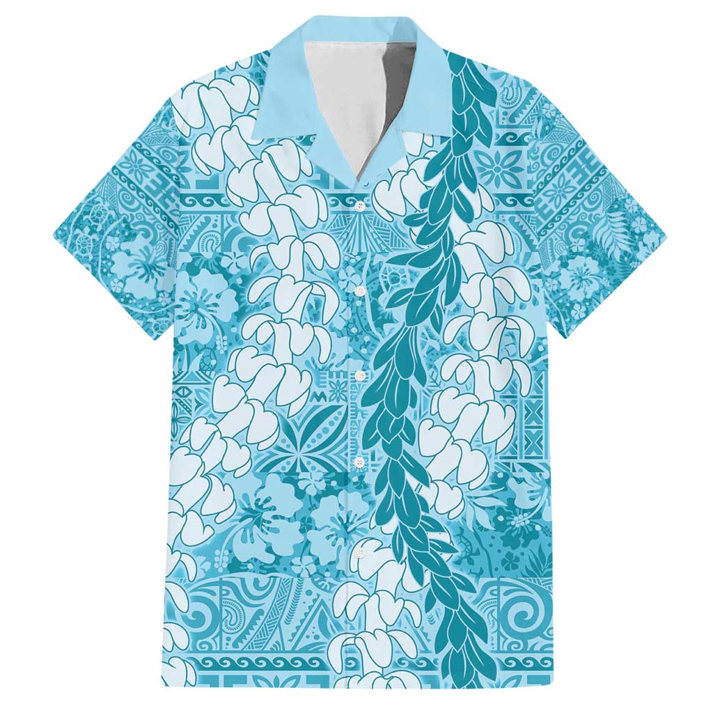 Blue Puakenikeni and Maile Lei Family Matching Puletasi and Hawaiian Shirt Hawaiian Style Tribal Tapa Double Strand Lei LT9 Dad's Shirt - Short Sleeve Blue - Polynesian Pride