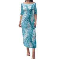 Blue Puakenikeni and Maile Lei Family Matching Puletasi and Hawaiian Shirt Hawaiian Style Tribal Tapa Double Strand Lei LT9 Mom's Dress Blue - Polynesian Pride