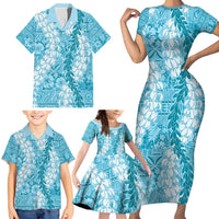 Blue Puakenikeni and Maile Lei Family Matching Short Sleeve Bodycon Dress and Hawaiian Shirt Hawaiian Style Tribal Tapa Double Strand Lei LT9 - Polynesian Pride