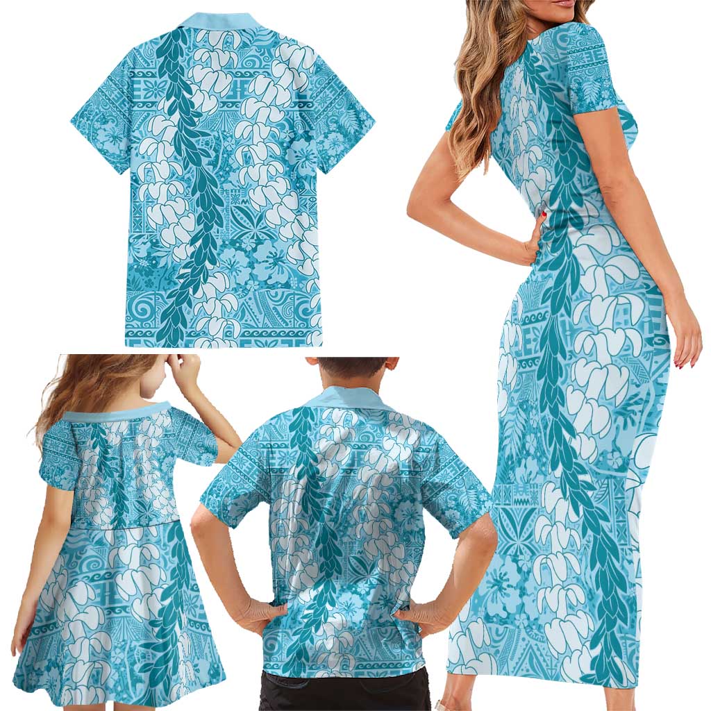 Blue Puakenikeni and Maile Lei Family Matching Short Sleeve Bodycon Dress and Hawaiian Shirt Hawaiian Style Tribal Tapa Double Strand Lei LT9 - Polynesian Pride