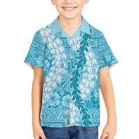 Blue Puakenikeni and Maile Lei Family Matching Short Sleeve Bodycon Dress and Hawaiian Shirt Hawaiian Style Tribal Tapa Double Strand Lei LT9 Son's Shirt Blue - Polynesian Pride