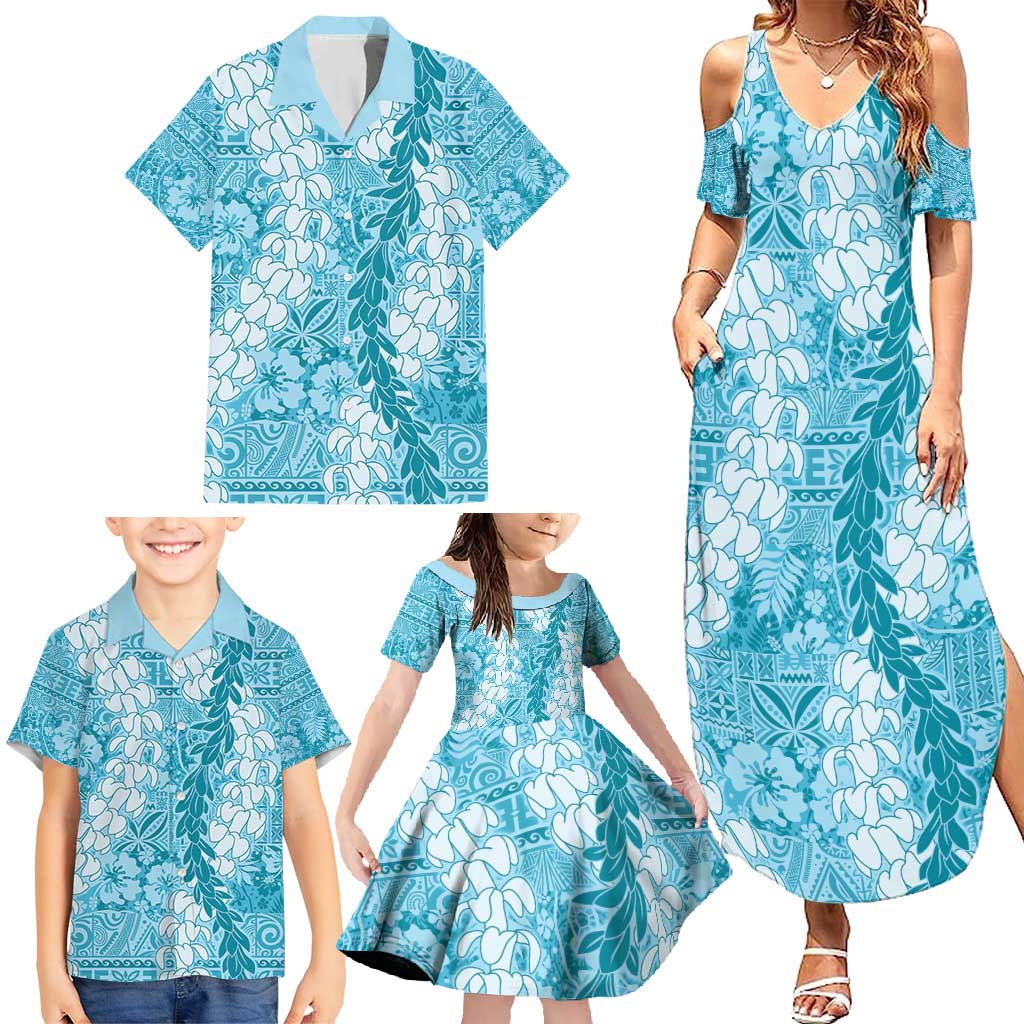 Blue Puakenikeni and Maile Lei Family Matching Summer Maxi Dress and Hawaiian Shirt Hawaiian Style Tribal Tapa Double Strand Lei LT9 - Polynesian Pride