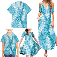 Blue Puakenikeni and Maile Lei Family Matching Summer Maxi Dress and Hawaiian Shirt Hawaiian Style Tribal Tapa Double Strand Lei LT9 - Polynesian Pride