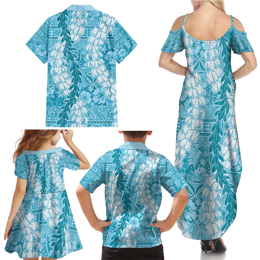 Blue Puakenikeni and Maile Lei Family Matching Summer Maxi Dress and Hawaiian Shirt Hawaiian Style Tribal Tapa Double Strand Lei LT9 - Polynesian Pride