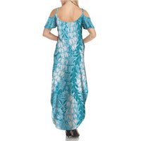 Blue Puakenikeni and Maile Lei Family Matching Summer Maxi Dress and Hawaiian Shirt Hawaiian Style Tribal Tapa Double Strand Lei LT9 - Polynesian Pride