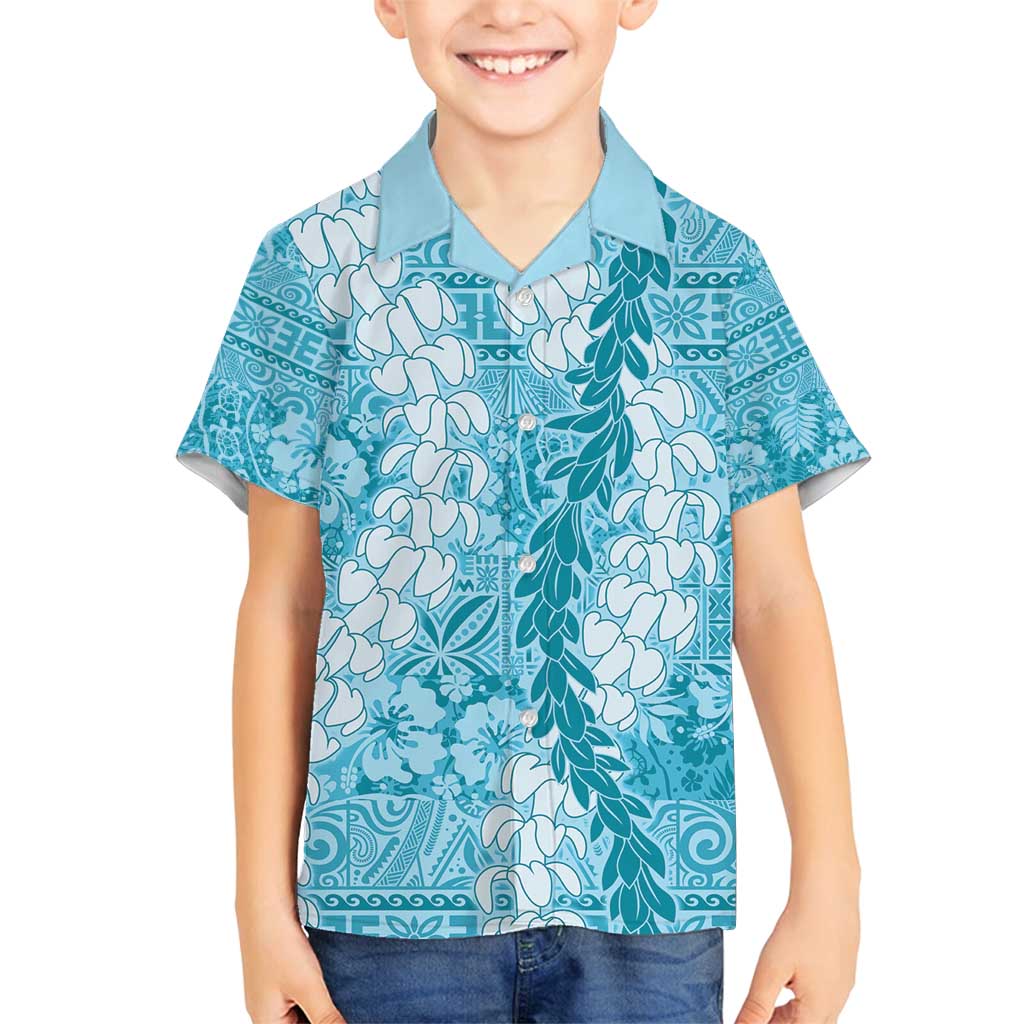 Blue Puakenikeni and Maile Lei Family Matching Summer Maxi Dress and Hawaiian Shirt Hawaiian Style Tribal Tapa Double Strand Lei LT9 Son's Shirt Blue - Polynesian Pride