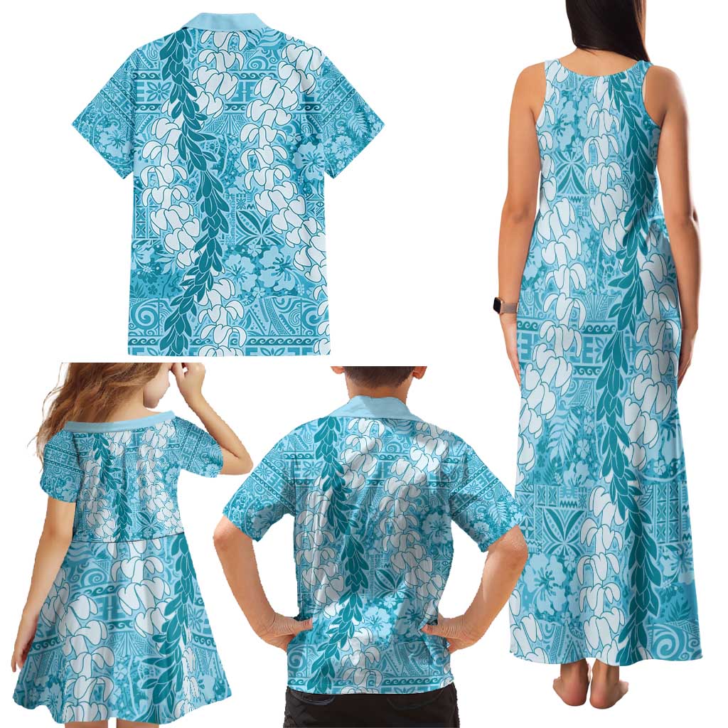 Blue Puakenikeni and Maile Lei Family Matching Tank Maxi Dress and Hawaiian Shirt Hawaiian Style Tribal Tapa Double Strand Lei LT9 - Polynesian Pride