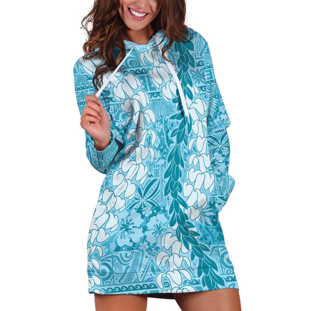 Blue Puakenikeni and Maile Lei Hoodie Dress Hawaiian Style Tribal Tapa Double Strand Lei LT9 Blue - Polynesian Pride