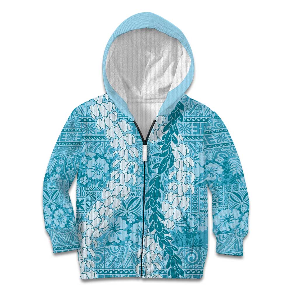 Blue Puakenikeni and Maile Lei Kid Hoodie Hawaiian Style Tribal Tapa Double Strand Lei LT9 Zip Hoodie Blue - Polynesian Pride