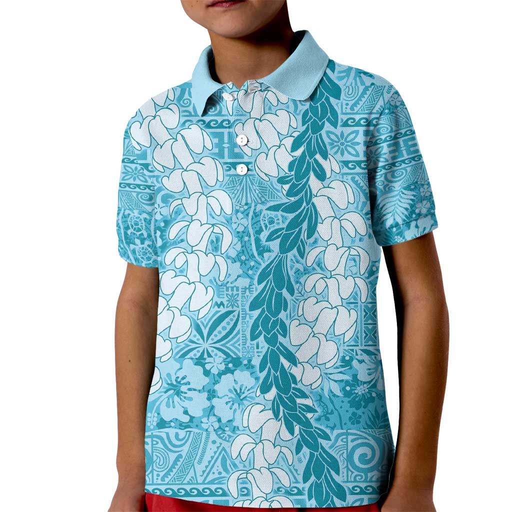 Blue Puakenikeni and Maile Lei Kid Polo Shirt Hawaiian Style Tribal Tapa Double Strand Lei LT9 Kid Blue - Polynesian Pride