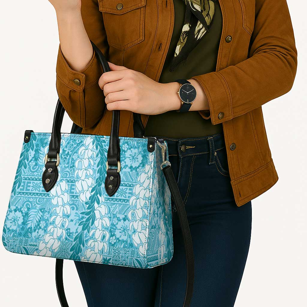 Blue Puakenikeni and Maile Lei Leather Bag Hawaiian Style Tribal Tapa Double Strand Lei - Polynesian Pride
