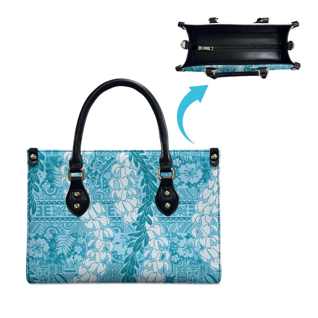 Blue Puakenikeni and Maile Lei Leather Bag Hawaiian Style Tribal Tapa Double Strand Lei - Polynesian Pride