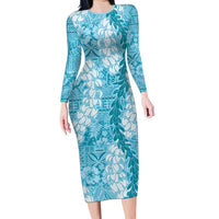 Blue Puakenikeni and Maile Lei Long Sleeve Bodycon Dress Hawaiian Style Tribal Tapa Double Strand Lei LT9 Long Dress Blue - Polynesian Pride