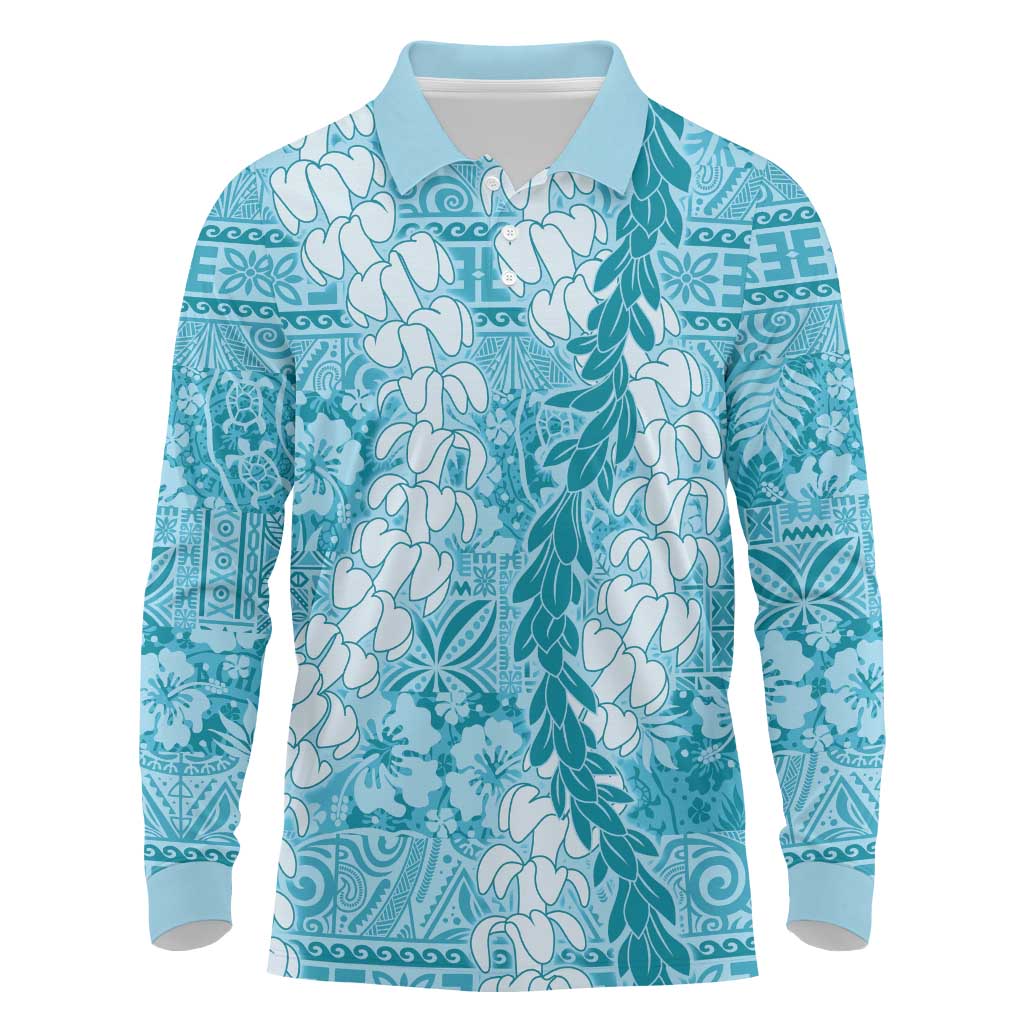 Blue Puakenikeni and Maile Lei Long Sleeve Polo Shirt Hawaiian Style Tribal Tapa Double Strand Lei LT9 Blue - Polynesian Pride