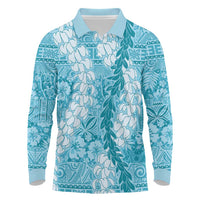 Blue Puakenikeni and Maile Lei Long Sleeve Polo Shirt Hawaiian Style Tribal Tapa Double Strand Lei LT9 Blue - Polynesian Pride