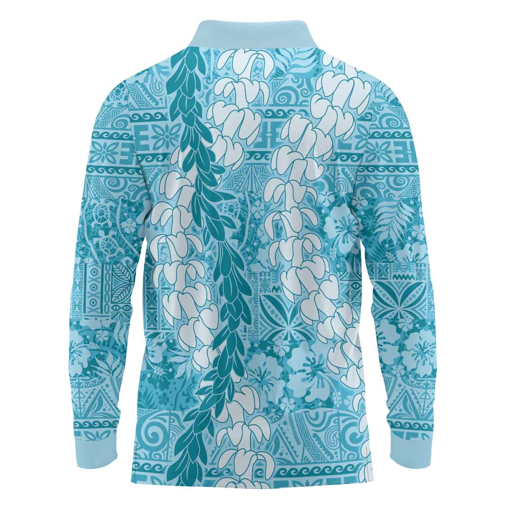 Blue Puakenikeni and Maile Lei Long Sleeve Polo Shirt Hawaiian Style Tribal Tapa Double Strand Lei LT9 - Polynesian Pride
