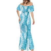 Blue Puakenikeni and Maile Lei Mermaid Dress Hawaiian Style Tribal Tapa Double Strand Lei LT9 - Polynesian Pride