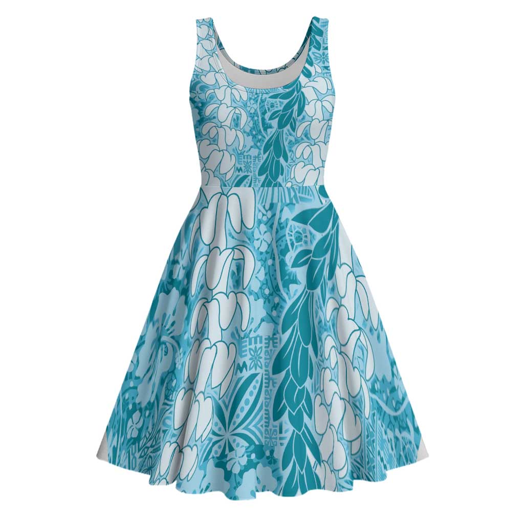 Blue Puakenikeni and Maile Lei Midi Dress Hawaiian Style Tribal Tapa Double Strand Lei - Polynesian Pride