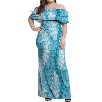 Blue Puakenikeni and Maile Lei Off Shoulder Maxi Dress Hawaiian Style Tribal Tapa Double Strand Lei