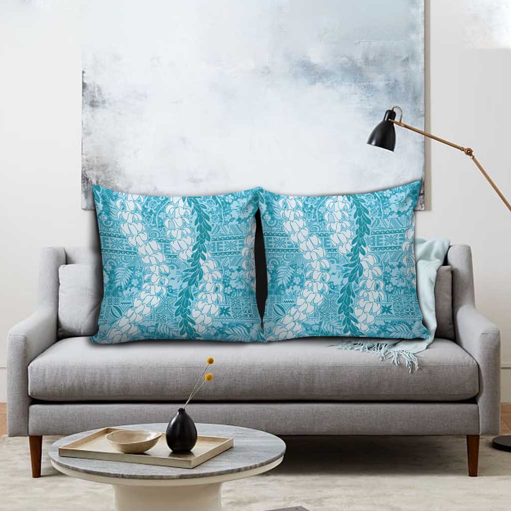 Blue Puakenikeni and Maile Lei Pillow Cover Hawaiian Style Tribal Tapa Double Strand Lei - Polynesian Pride