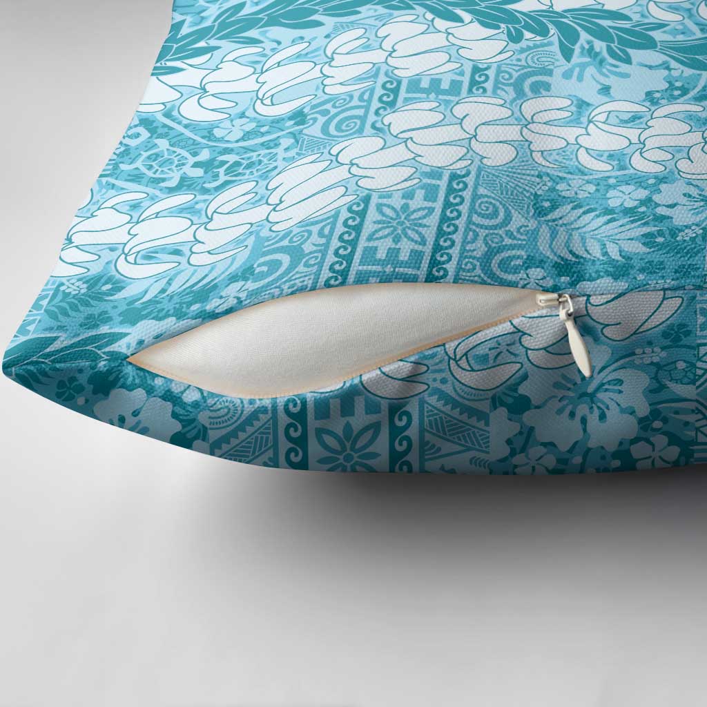Blue Puakenikeni and Maile Lei Pillow Cover Hawaiian Style Tribal Tapa Double Strand Lei - Polynesian Pride
