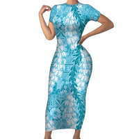 Blue Puakenikeni and Maile Lei Short Sleeve Bodycon Dress Hawaiian Style Tribal Tapa Double Strand Lei LT9 Long Dress Blue - Polynesian Pride