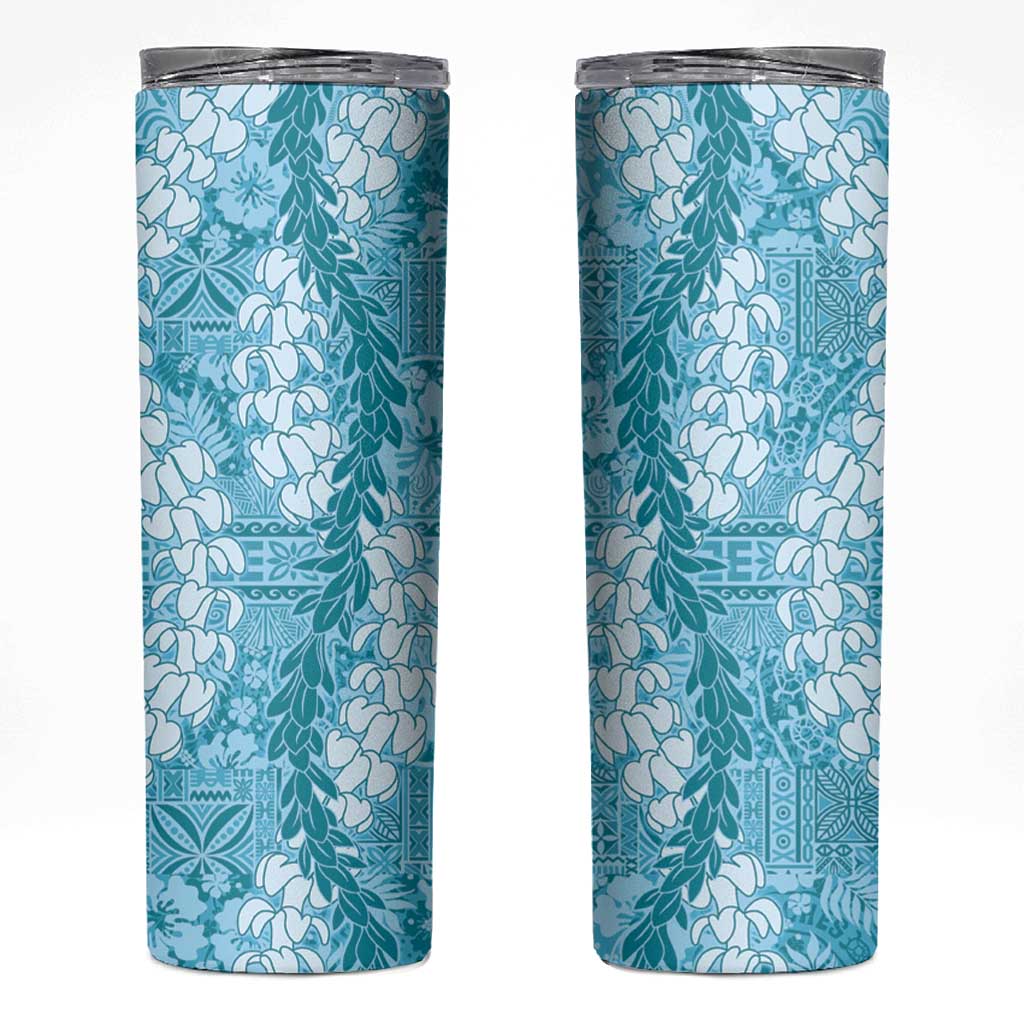 Blue Puakenikeni and Maile Lei Skinny Tumbler Hawaiian Style Tribal Tapa Double Strand Lei LT9 Blue - Polynesian Pride