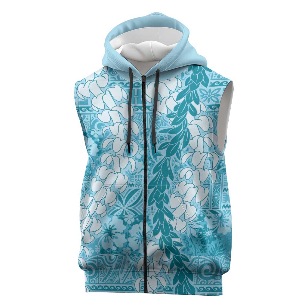 Blue Puakenikeni and Maile Lei Sleeveless Zip Hoodie Hawaiian Style Tribal Tapa Double Strand Lei LT9 Blue - Polynesian Pride