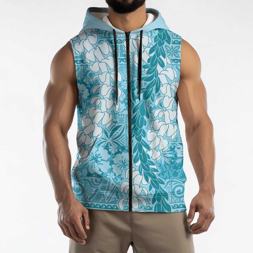Blue Puakenikeni and Maile Lei Sleeveless Zip Hoodie Hawaiian Style Tribal Tapa Double Strand Lei LT9 - Polynesian Pride