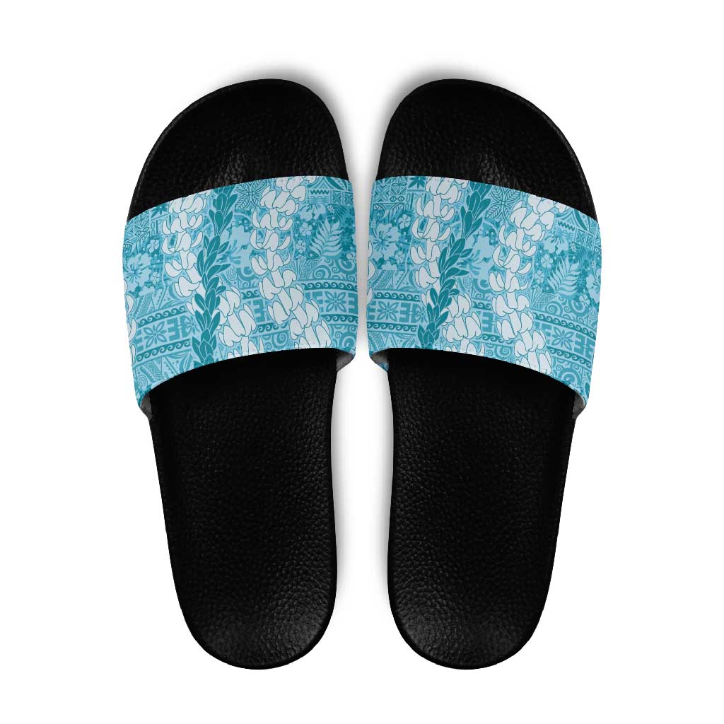 Blue Puakenikeni and Maile Lei Slide Sandals Hawaiian Style Tribal Tapa Double Strand Lei - Polynesian Pride