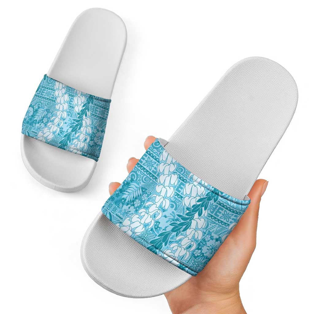Blue Puakenikeni and Maile Lei Slide Sandals Hawaiian Style Tribal Tapa Double Strand Lei - Polynesian Pride