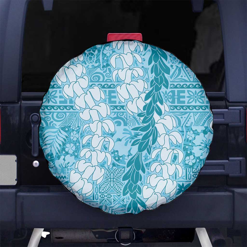 Blue Puakenikeni and Maile Lei Spare Tire Cover Hawaiian Style Tribal Tapa Double Strand Lei LT9 No hole Blue - Polynesian Pride