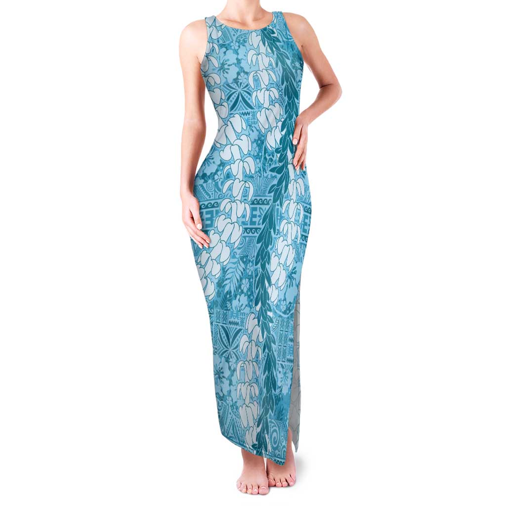 Blue Puakenikeni and Maile Lei Tank Maxi Dress Hawaiian Style Tribal Tapa Double Strand Lei LT9 Women Blue - Polynesian Pride