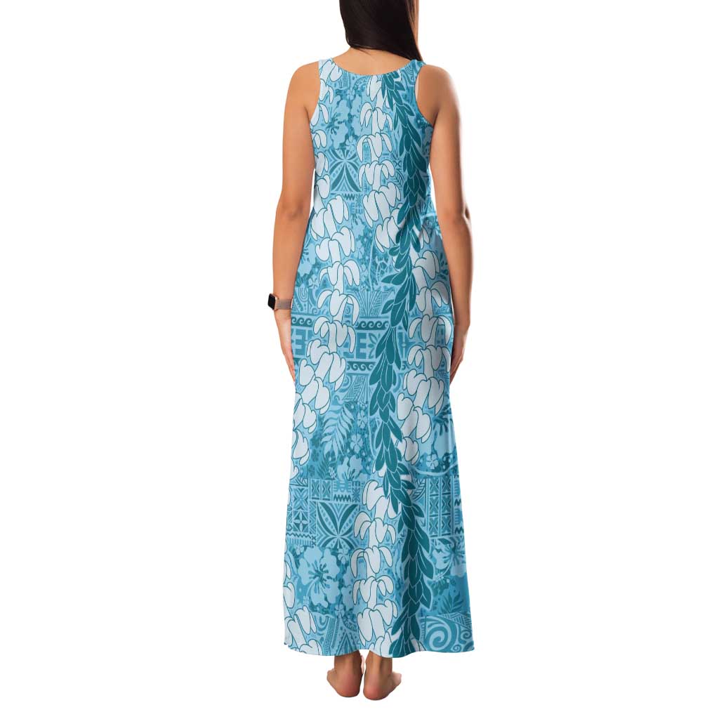 Blue Puakenikeni and Maile Lei Tank Maxi Dress Hawaiian Style Tribal Tapa Double Strand Lei LT9 - Polynesian Pride