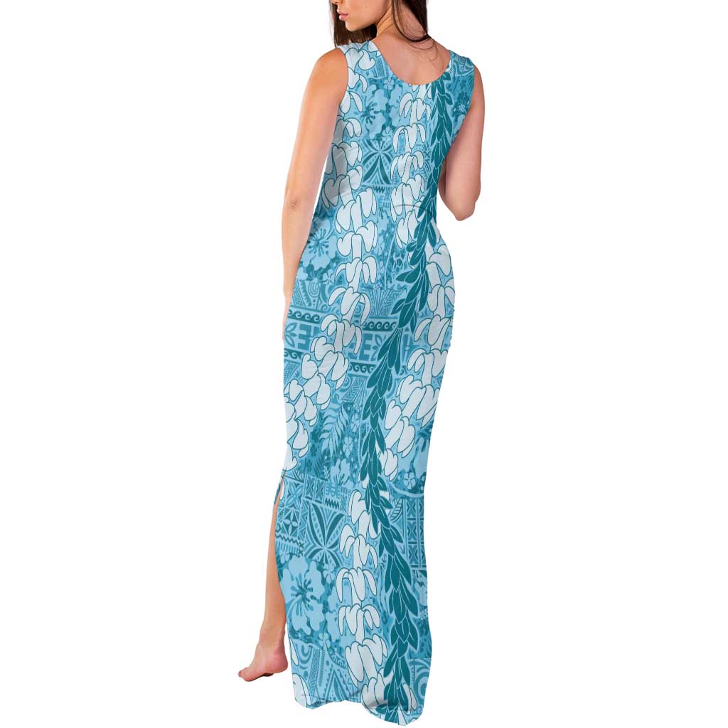 Blue Puakenikeni and Maile Lei Tank Maxi Dress Hawaiian Style Tribal Tapa Double Strand Lei LT9 - Polynesian Pride