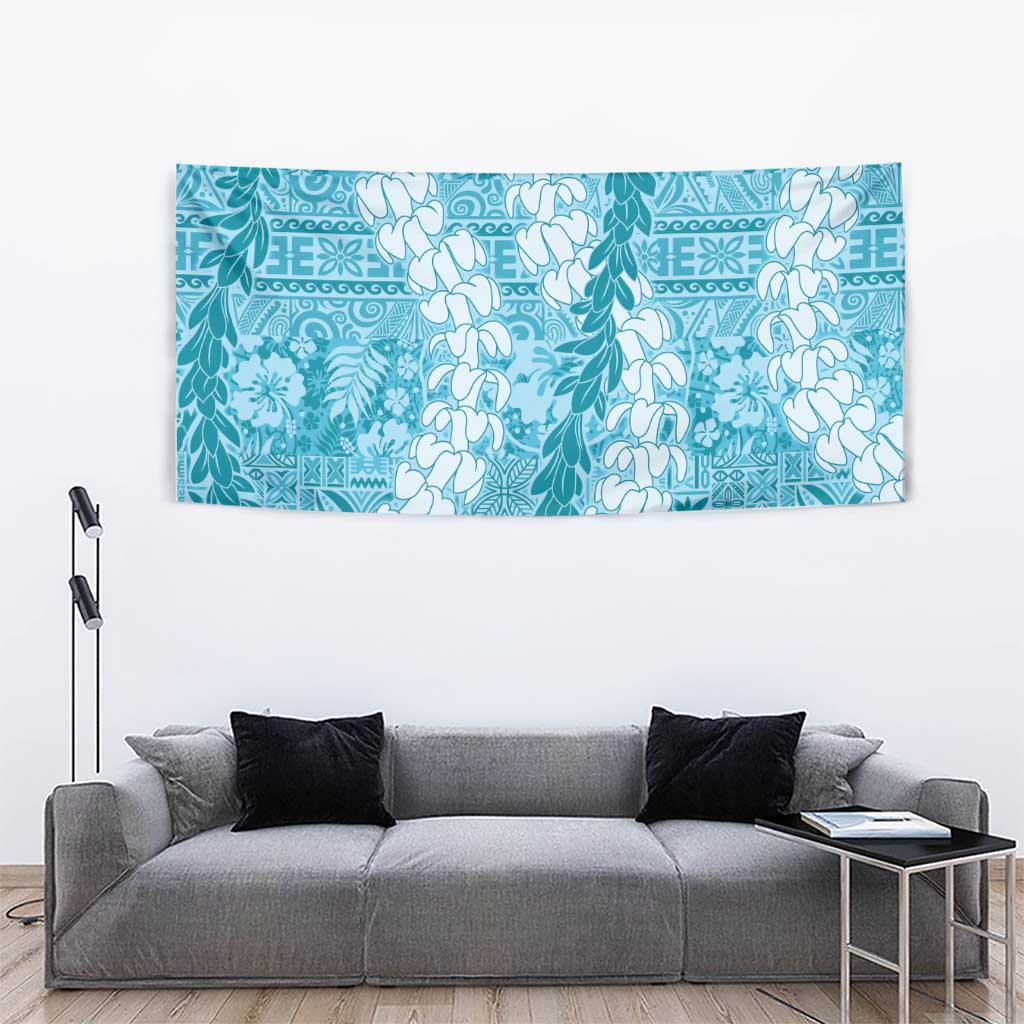 Blue Puakenikeni and Maile Lei Tapestry Hawaiian Style Tribal Tapa Double Strand Lei