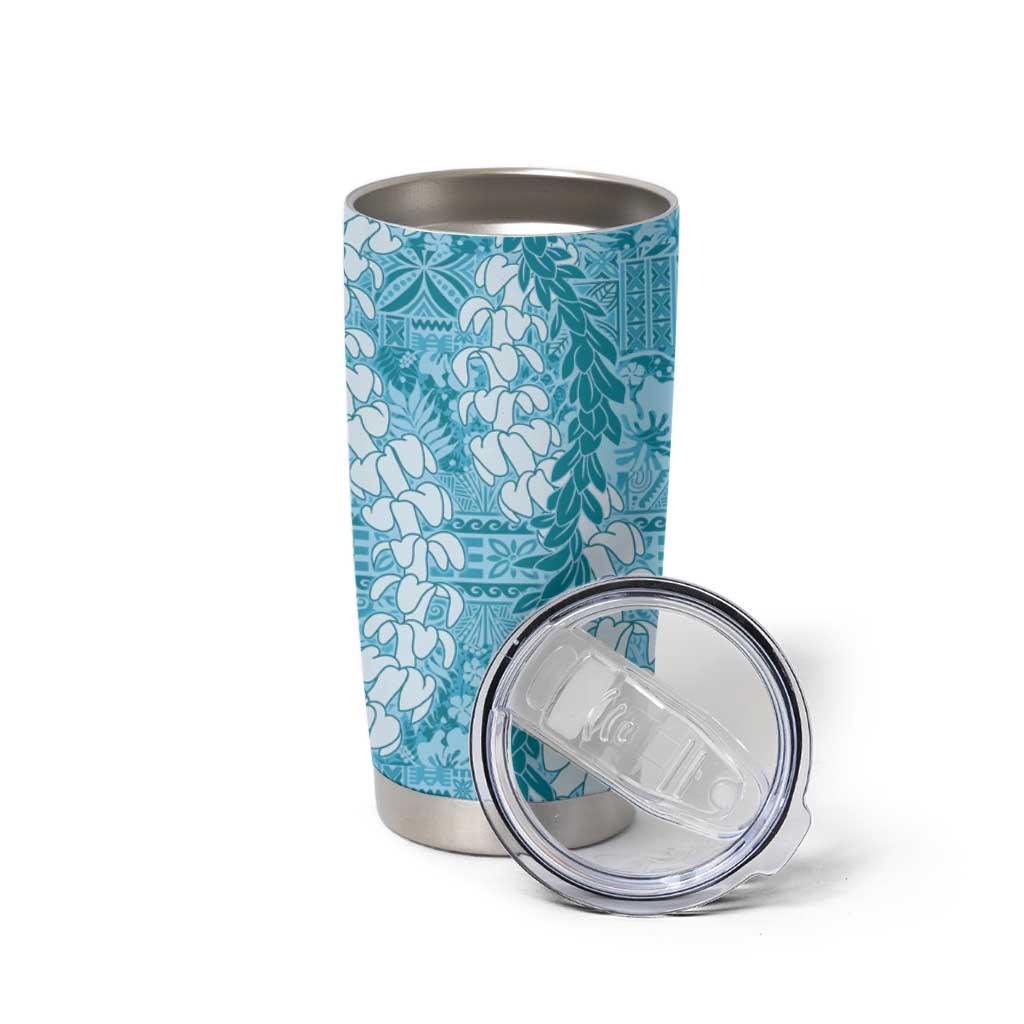 Blue Puakenikeni and Maile Lei Tumbler Cup Hawaiian Style Tribal Tapa Double Strand Lei