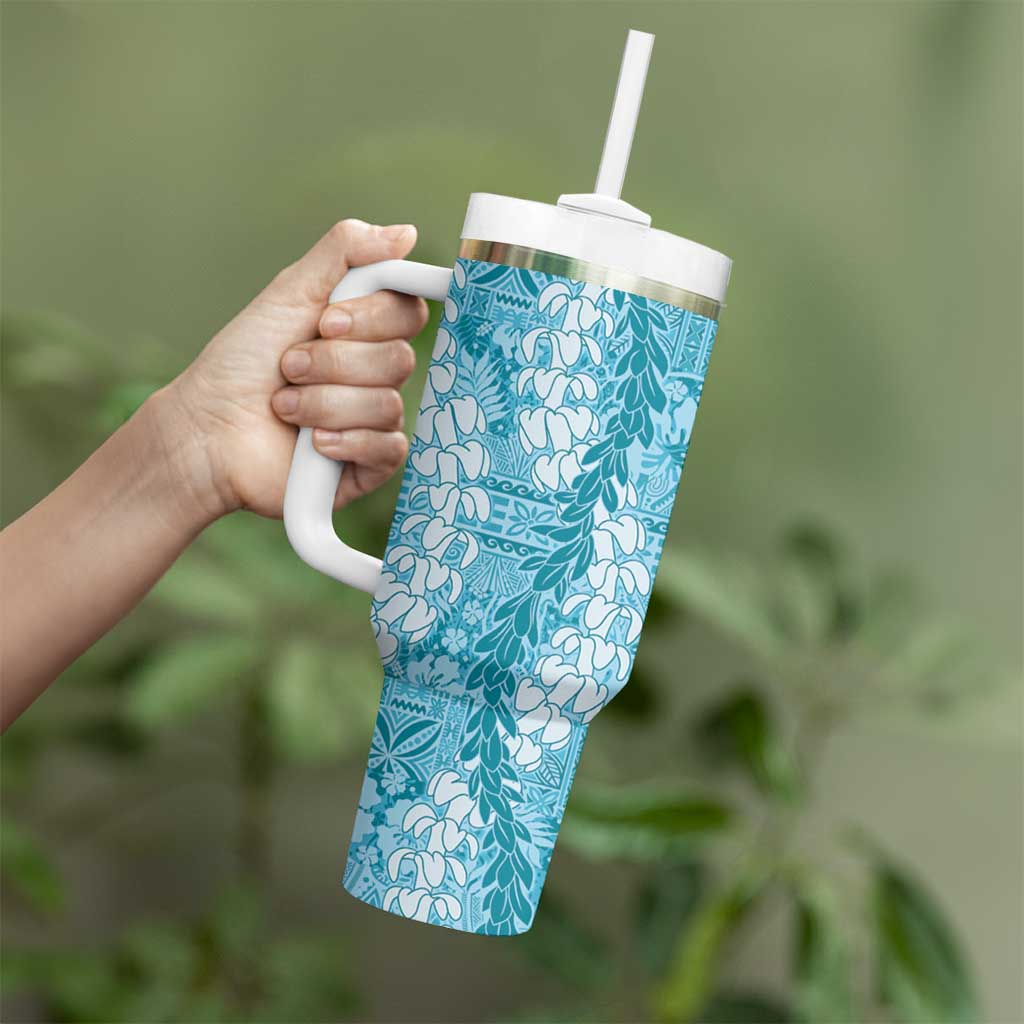 Blue Puakenikeni and Maile Lei Tumbler With Handle Hawaiian Style Tribal Tapa Double Strand Lei