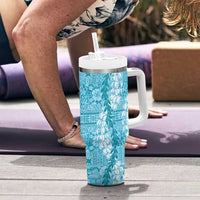 Blue Puakenikeni and Maile Lei Tumbler With Handle Hawaiian Style Tribal Tapa Double Strand Lei