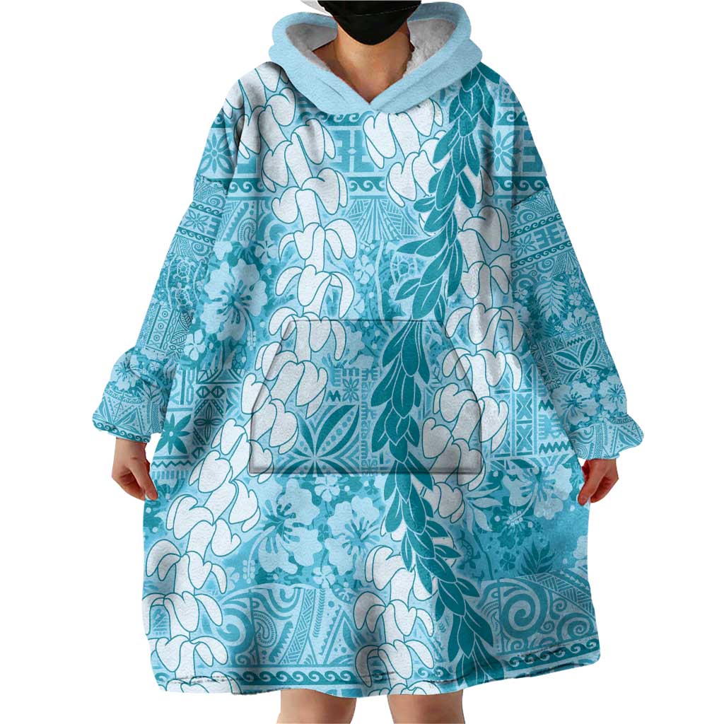 Blue Puakenikeni and Maile Lei Wearable Blanket Hoodie Hawaiian Style Tribal Tapa Double Strand Lei LT9 - Polynesian Pride