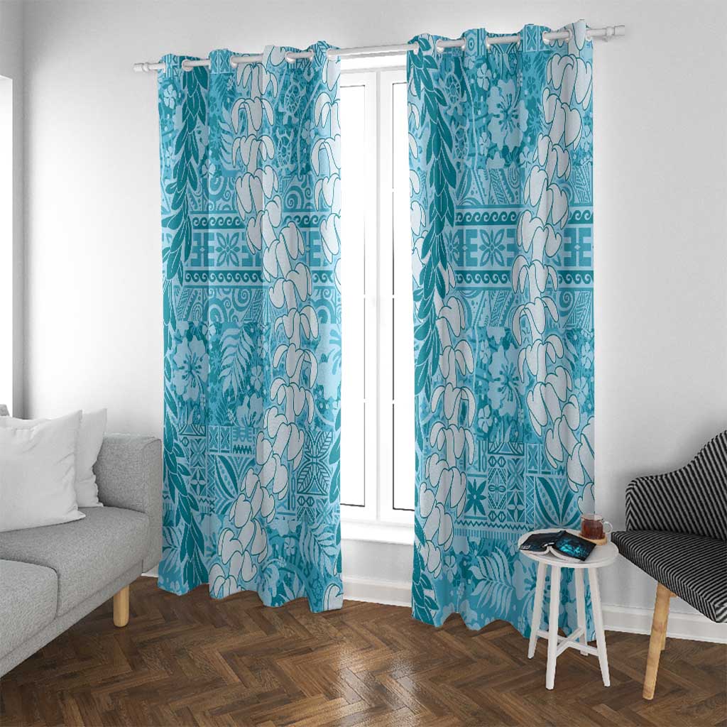 Blue Puakenikeni and Maile Lei Window Curtain Hawaiian Style Tribal Tapa Double Strand Lei