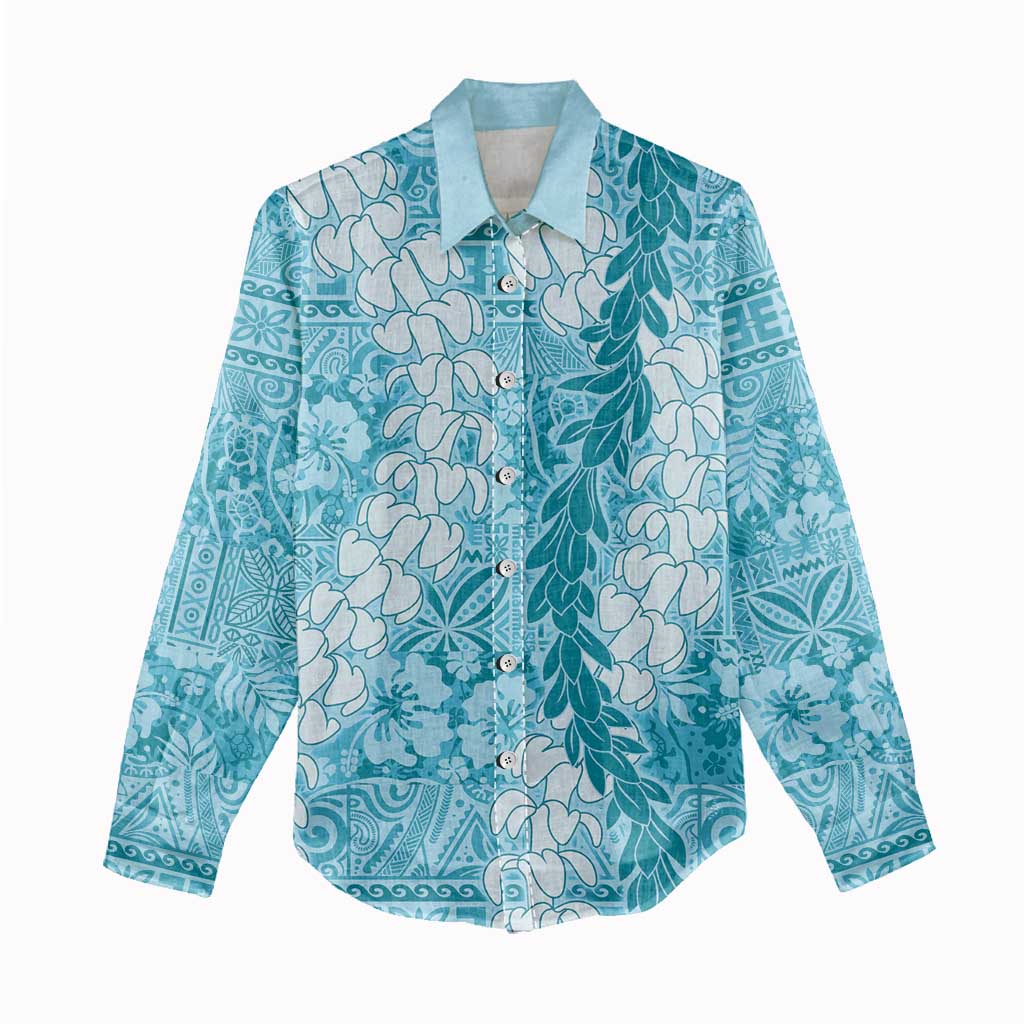 Blue Puakenikeni and Maile Lei Women Casual Shirt Hawaiian Style Tribal Tapa Double Strand Lei LT9 - Polynesian Pride