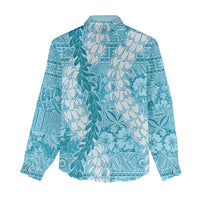 Blue Puakenikeni and Maile Lei Women Casual Shirt Hawaiian Style Tribal Tapa Double Strand Lei LT9 - Polynesian Pride