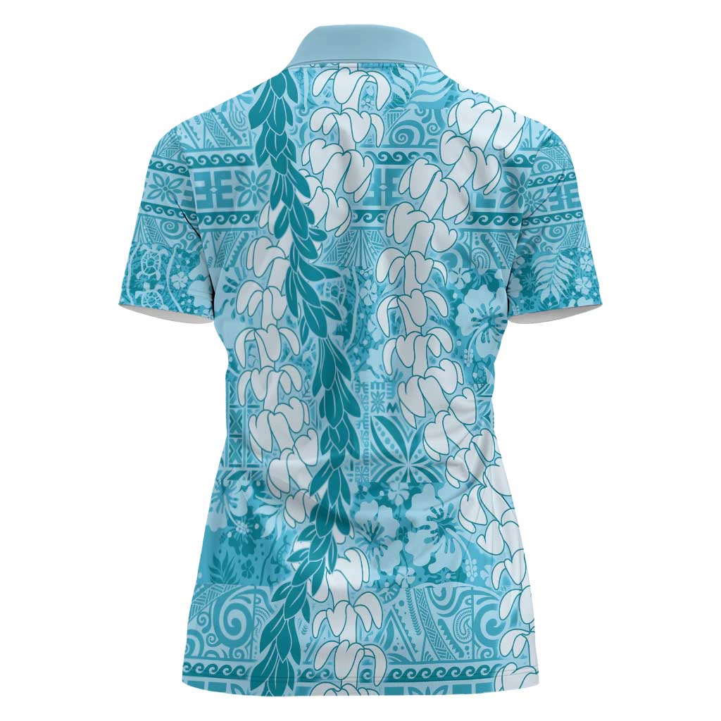 Blue Puakenikeni and Maile Lei Women Polo Shirt Hawaiian Style Tribal Tapa Double Strand Lei LT9 - Polynesian Pride