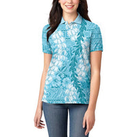 Blue Puakenikeni and Maile Lei Women Polo Shirt Hawaiian Style Tribal Tapa Double Strand Lei LT9 - Polynesian Pride